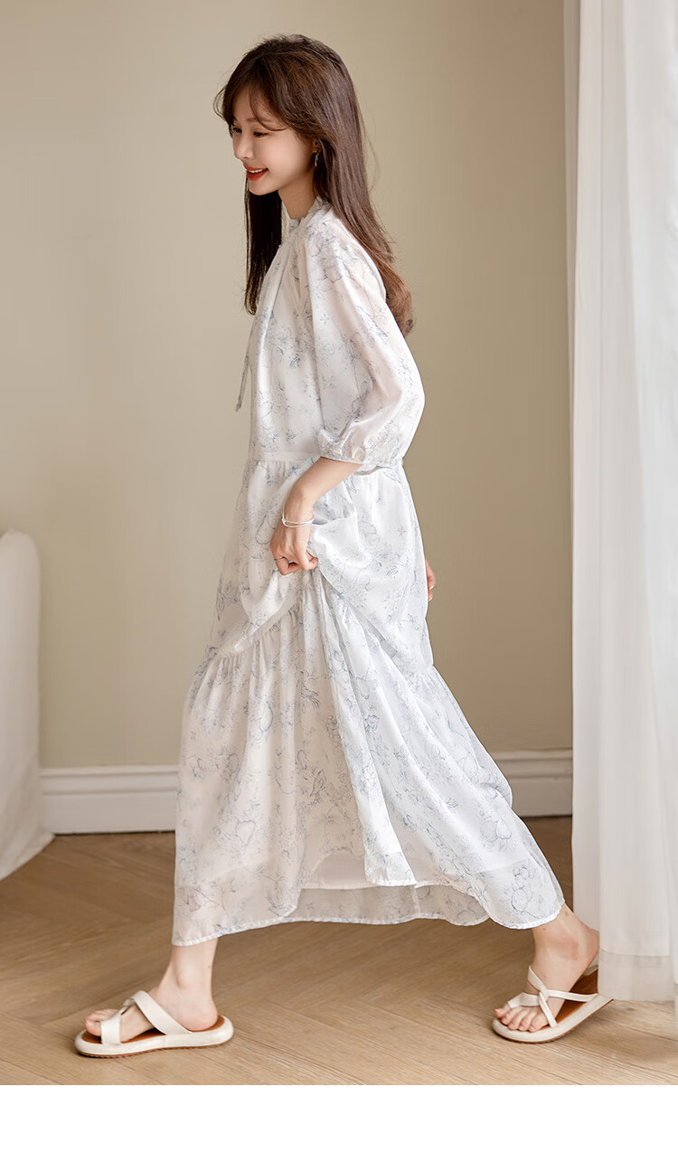 Dme Floral Print Pleated Dress Summer Fresh Three-Quarter Sleeve Long Dress, Floral Print, Size L 18