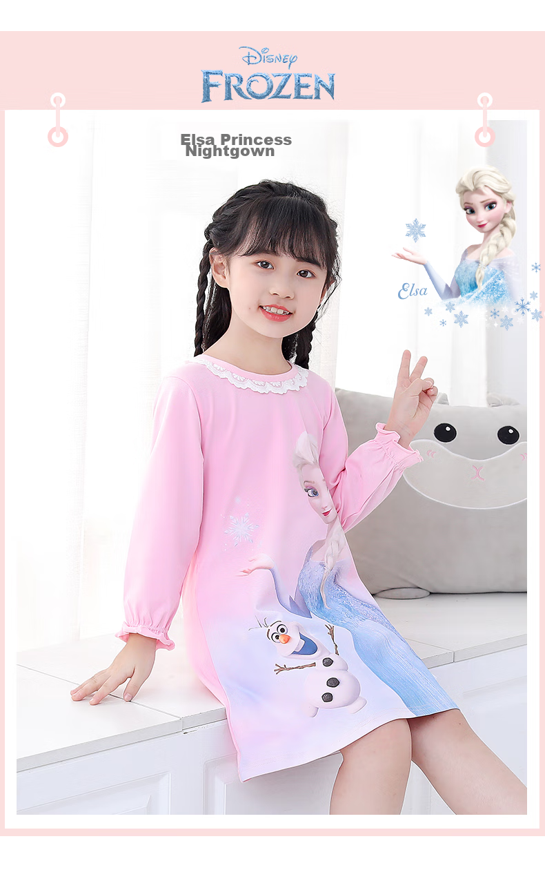 Disney Children's Pajamas, Frozen Girls' Nightgown, Baby Girl Home Wear, Summer And Autumn Air-Conditioned Room Sleepwear, Pink, Size 110 1