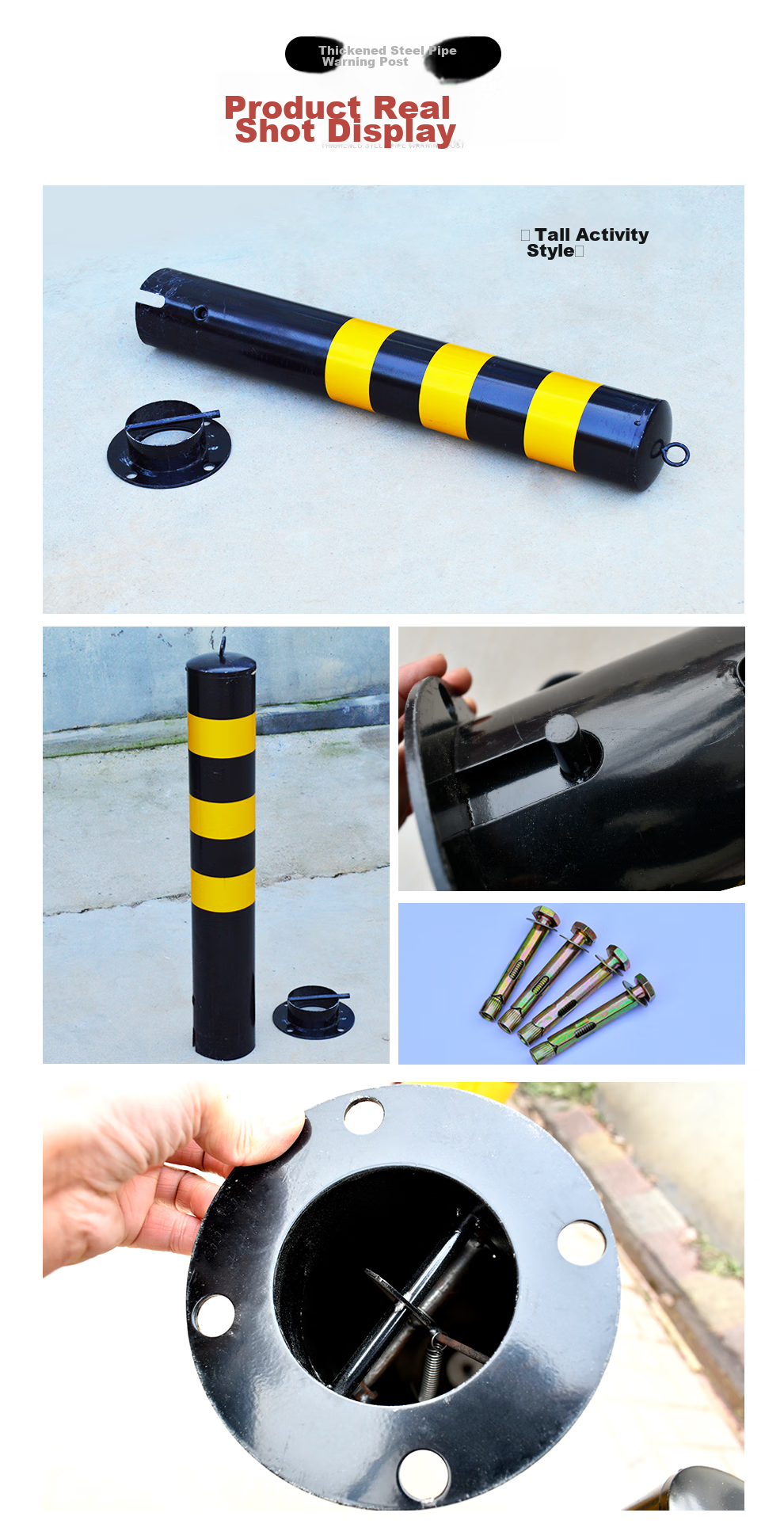 QL Steel Pipe Warning Post, 75cm Isolation Road Bollard, Vehicle Barrier, Crash Barrier, Crystal Grid Reflective Post, Fixed + Screws 6