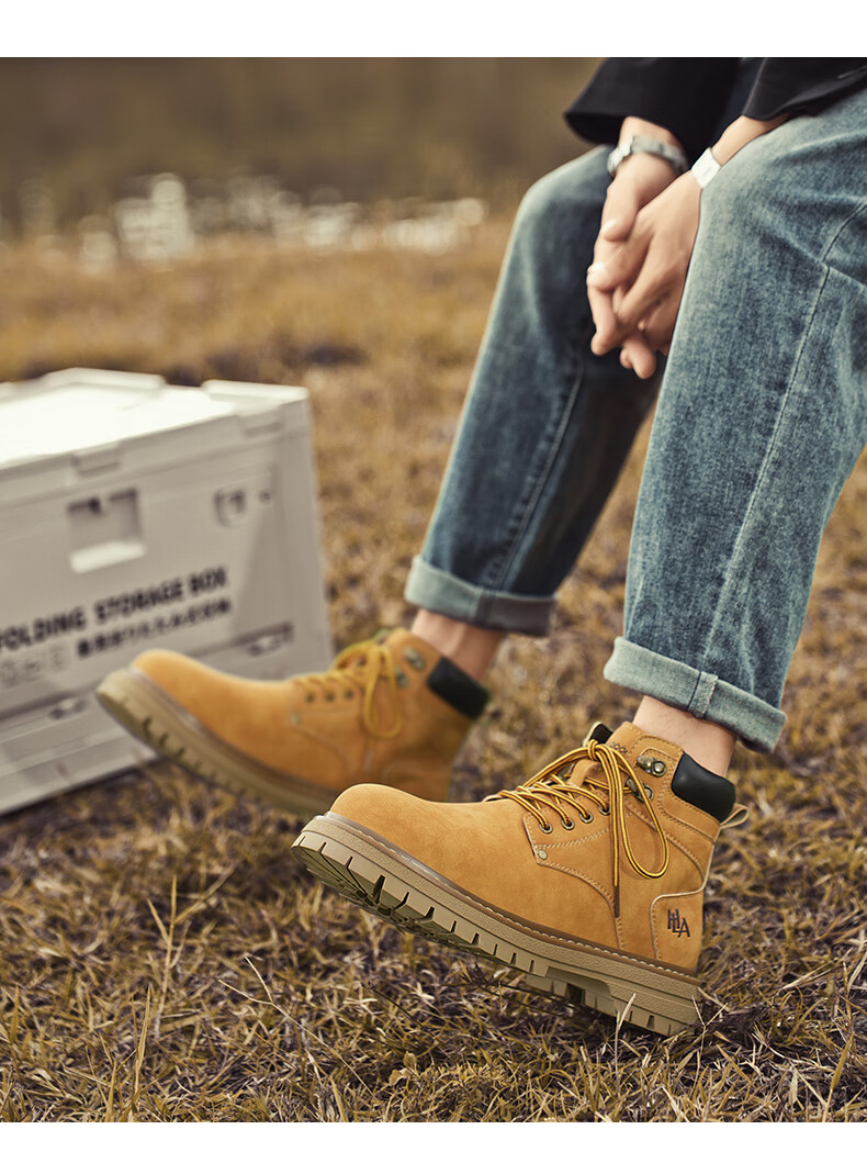HLA Couple Boots, Yellow Boots for Men, Comfortable Thick-Soled Martin Boots, Men's Style T249, Earth Yellow Color, Size 42 8