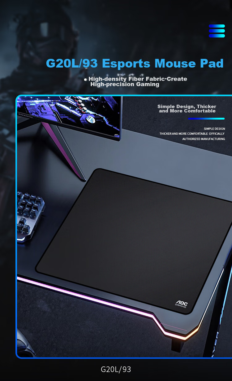 AOC Professional Gaming Mouse Pad, Large And Medium Size, 450*400*4mm, Thickened with Locked Edges, High-Density Fiber, for Keyboard And Computer Desk, G20L/93 Black 1