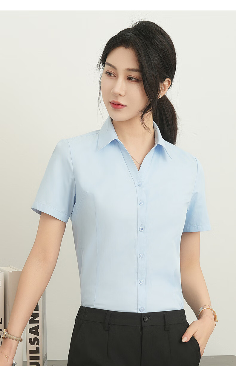 ROMON Cotton Short Sleeve Shirt Women V-Neck Business Casual Slim Fit Workwear Commuting White Shirt 10