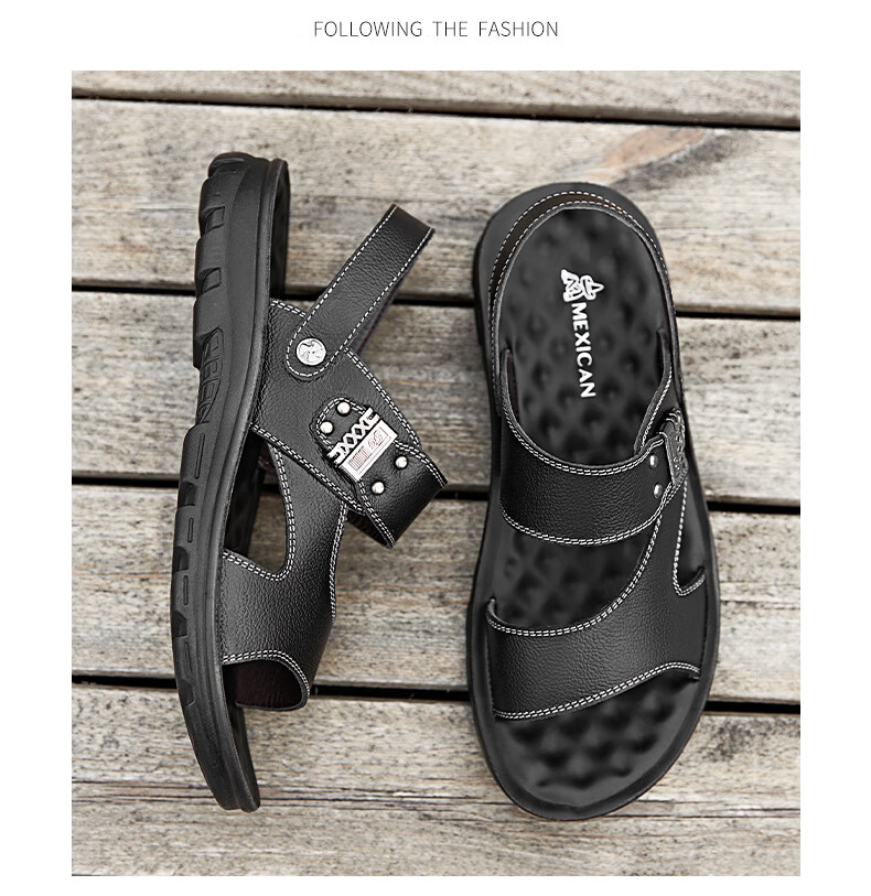 MEXICAN Men's First Layer Cowhide Sandals Beach Slip-On Hollow Out Shoes Black Size 44 21