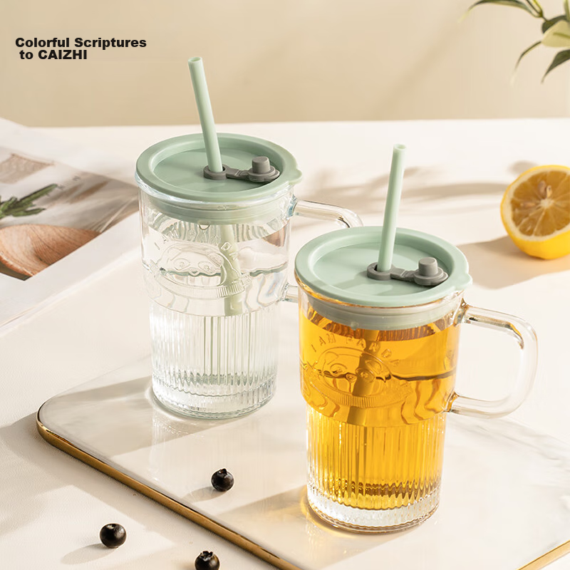 CAIZHI Glass Cup with Lid And Handle, Office Water Bottle with Straw, Large Capacity Cup, Transparent Mint Green CZ6940