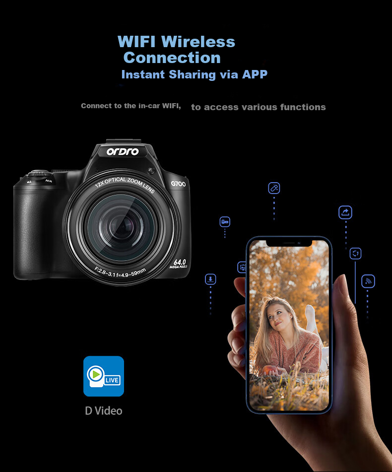 ORDRO [Premium Optical Zoom] Digital Camera, 64 Million High-Definition, 12x Optical Zoom, Entry-Level CCD, Student Campus Vlog, Mirrorless Lens, Extendable 4K Video Camera 15