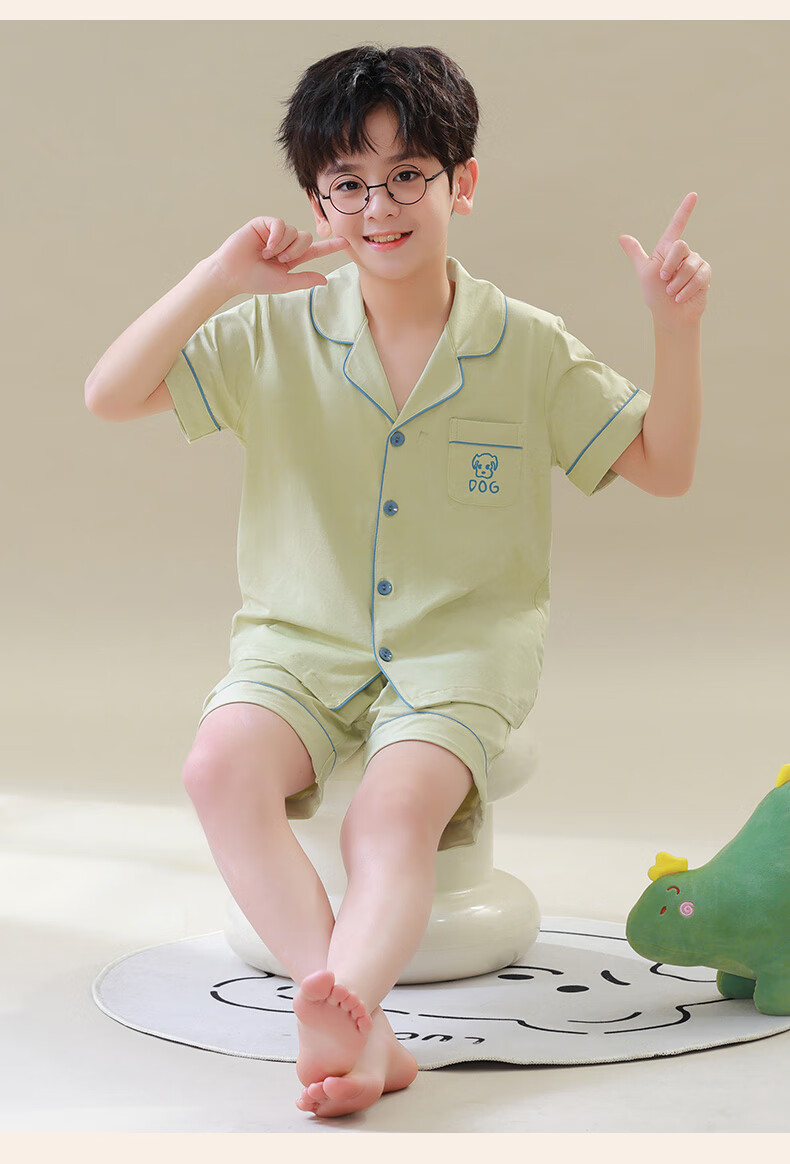 Hengyuanxiang Children's Pajamas, Boys' Pure Cotton Summer Thin Short-Sleeve Loungewear, Cardigan Sleepwear And Pajama Pants Set 16
