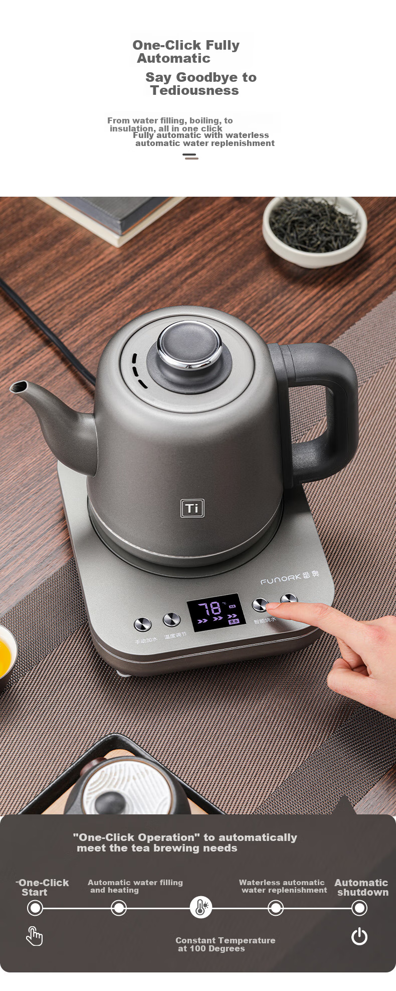 FUNORK Pure Titanium Fully Automatic Electric Kettle with Water Inlet, Tea Table Kettle, Specialized All-In Tea Table And Coffee Table for Brewing Tea, Electric Tea Stove RY-D4 3
