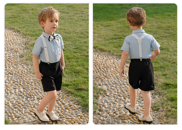 LUOBOBEIBEI Children's Summer Short-Sleeve Shirt And Suspender Shorts Set, Boys' Performance Formal Wear, White Four-Piece Set, Size 140 4