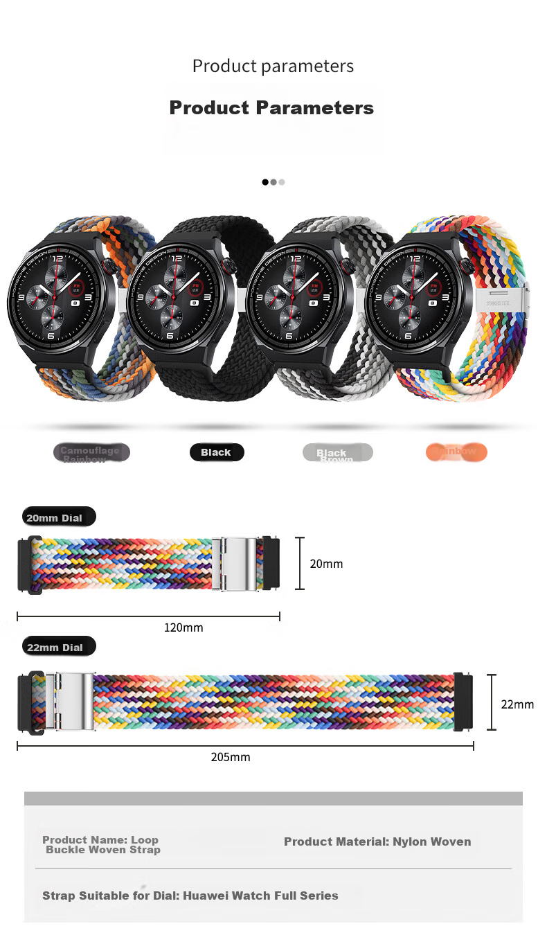 BHO Nylon Braided Loop Watch Strap Compatible with Huawei Watch GT7 Pro/GT6/GT5/GT4/GT3/Watch6/Watch5/4 Pro/3/2/Honor Magic2 Smartwatch 9