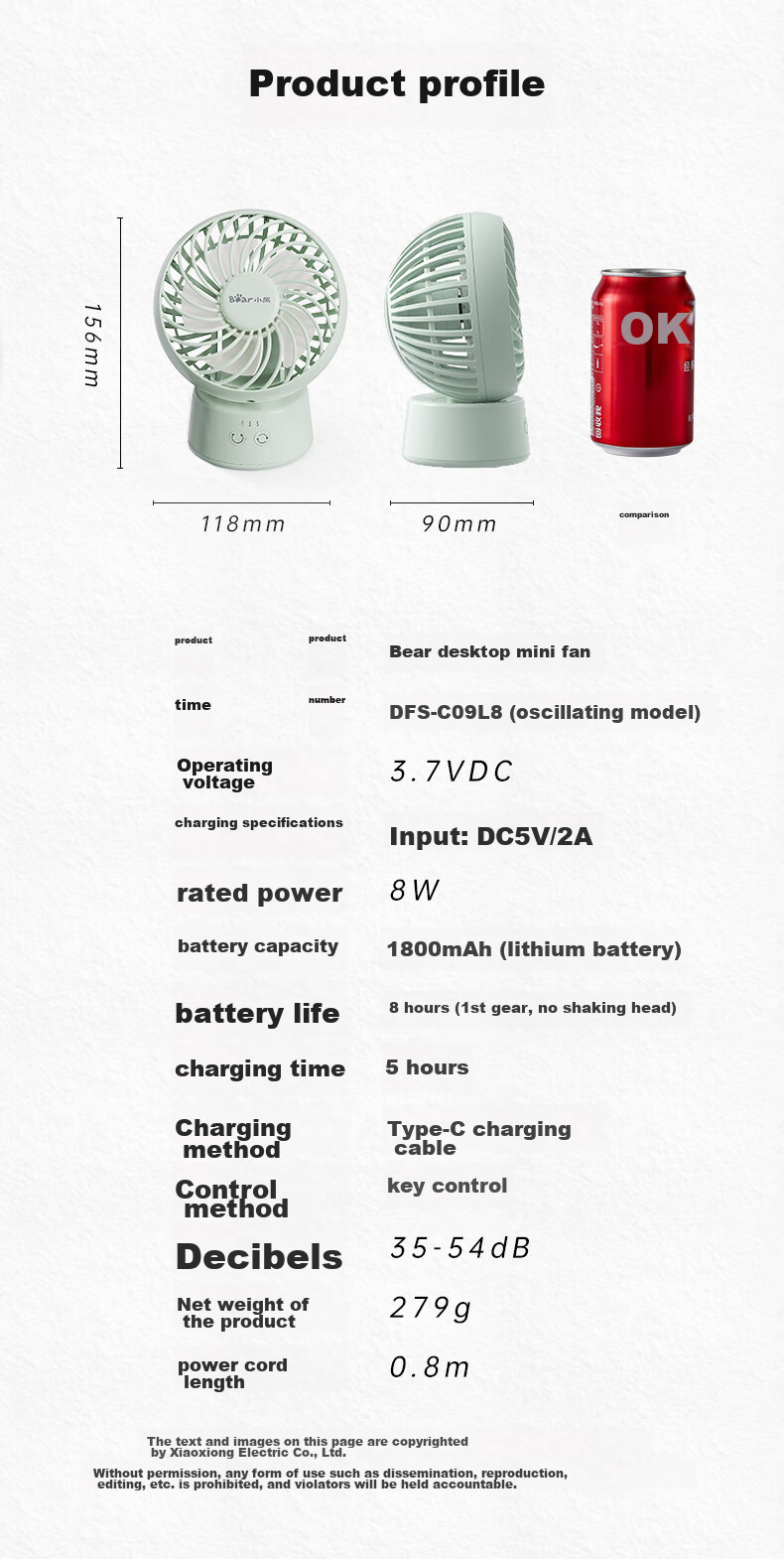 Bear Electric Fan, Small Desk Fan for Office, Mini Portable USB Rechargeable Fan, Dorm-Specific Desktop Fan Companion DFS-C09L8 14