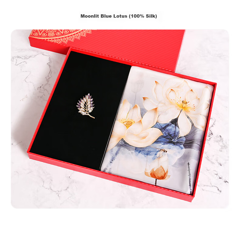Hangsilu Silk Scarf Brooch Gift Box, Chinese-Style Square Scarf, Mulberry Silk, High-End Birthday Gift, Mid-Autumn Festival Present for Women And Mothers 10