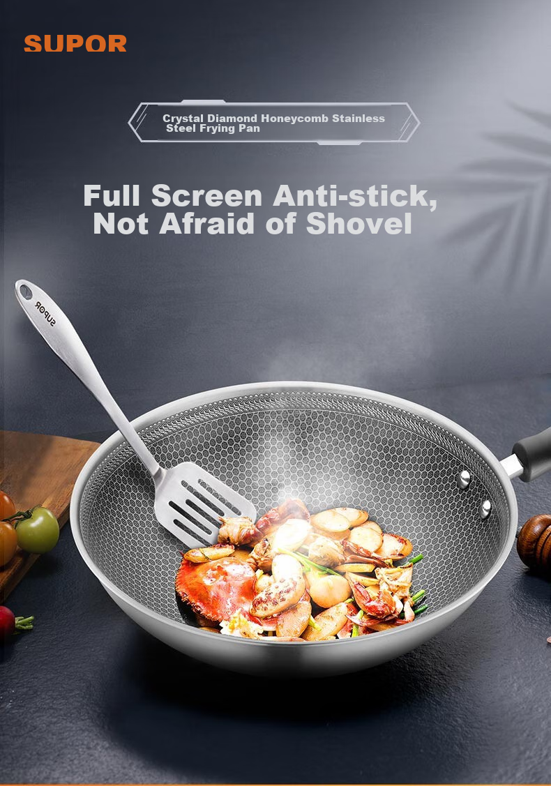 SUPOR Stainless Steel Wok Compatible with Induction And Gas Stoves, Crystal Diamond Honeycomb Frying Pan for Home Use CC30JA9 1