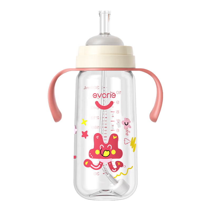 Evorie Straw Bottle for 1-3 Year Old Babies, Wide-Neck Drop-Resistant Straw Bottle for Weaning, 300ml