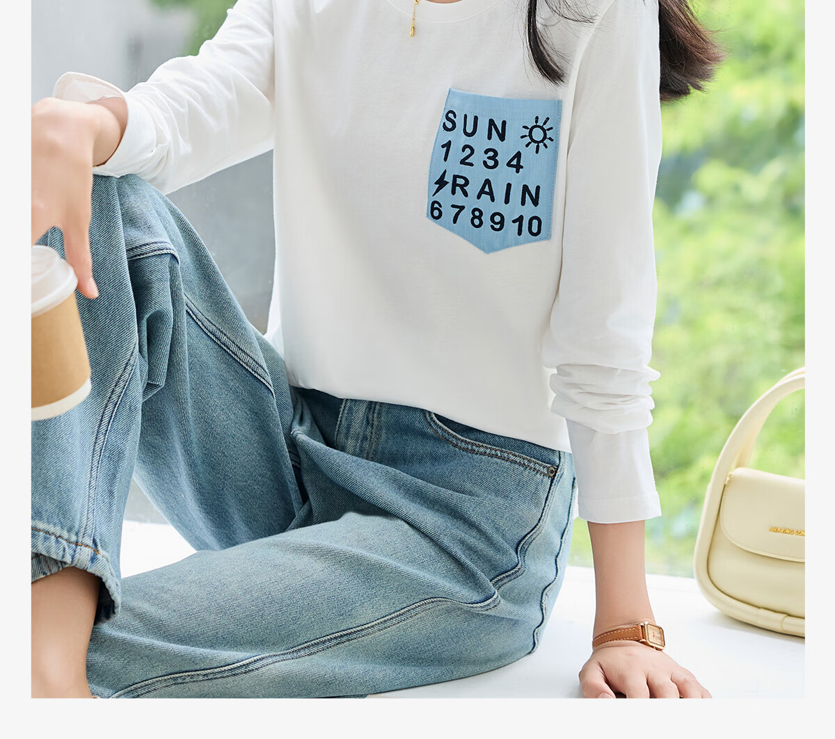 Chushen Spring And Autumn Long-Sleeve T-Shirt for Women, Versatile Letter Patchwork Round Neck Base Shirt, Casual Loose Top S143T2014 1