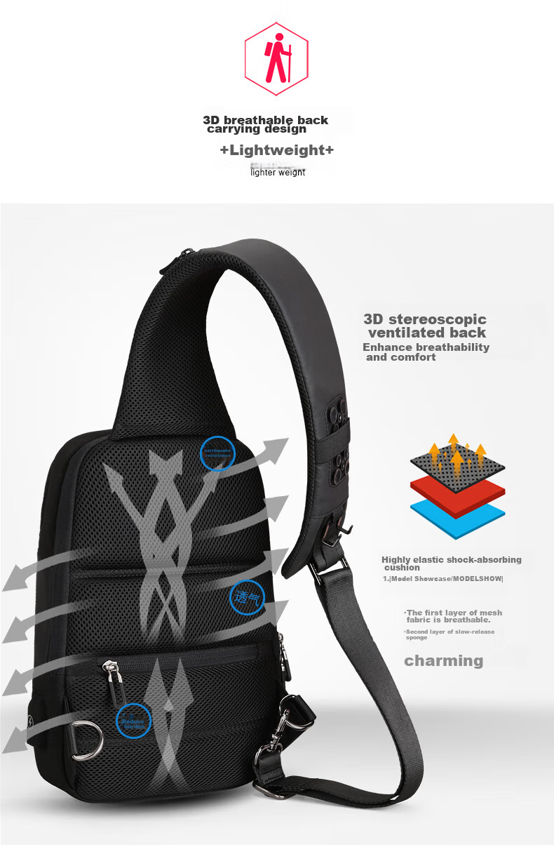 MARK RYDEN Chest Bag, Men's Crossbody Bag, Sports Trendy Shoulder Bag, Small Backpack, 9.7-Inch IPad Bag, MR7056, Elegant Black 8