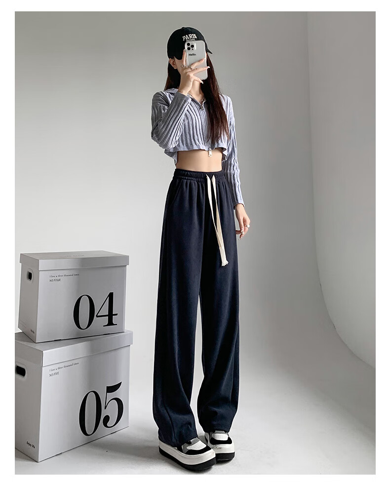 LangSha White Chenille Slim Wide-Leg Pants for Women, Spring And Autumn Thin Style, High-Waisted Draping Straight-Leg Corduroy Casual Sports Trousers 20