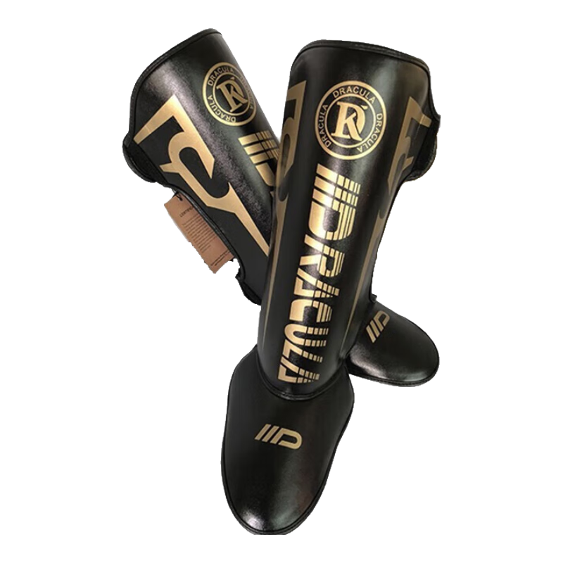 MUAYTHAI DRACULA Boxing And Kickboxing Leg Guards with Foot Protection for Adults, Muay Thai Fighting And Taekwondo Children's Protective Gear, Black And Gold Color, Size S