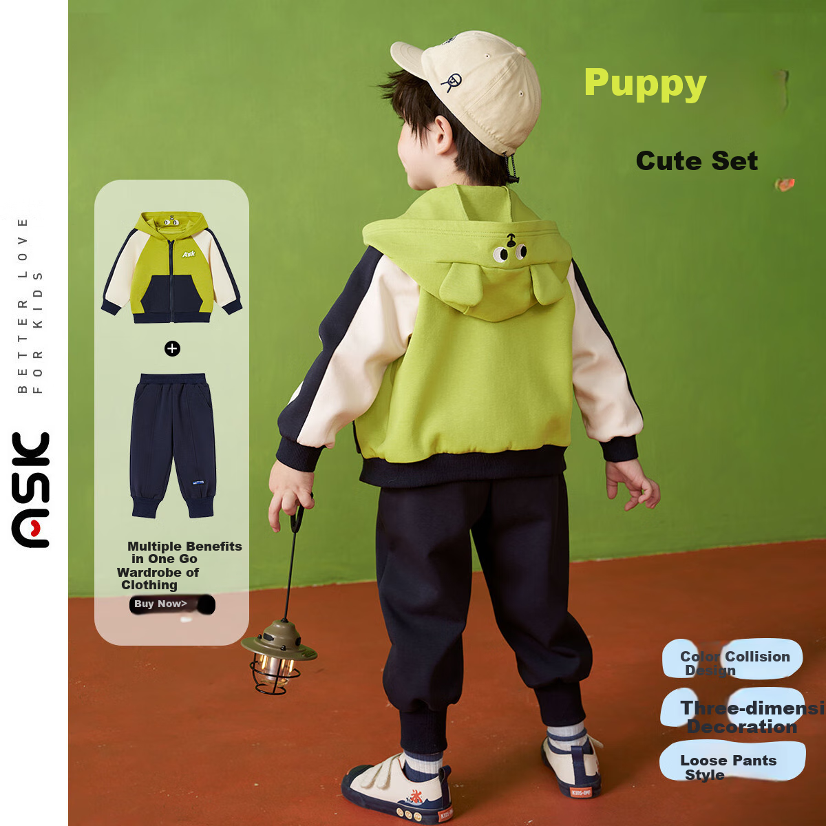 ASK JUNIOR Boys' Sports Set, Fall 2026, Children's Hooded Jacket And Pants Two-Piece Suit, Green, Size 90