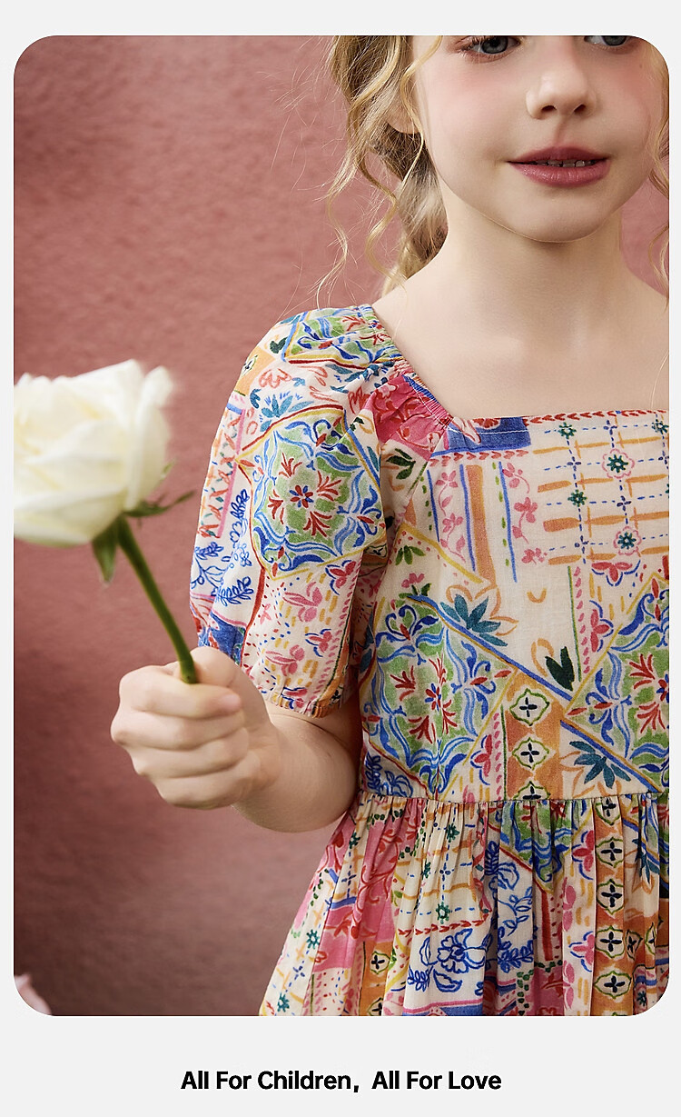 ASK JUNIOR Children's Dress, Summer Outing Breathable Girls' Contrasting Color Short-Sleeve Puff Sleeve Dress, Princess Dress 9