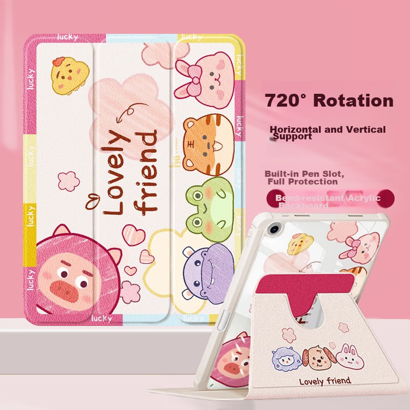 Asiwa IPad 9th Generation (2021) Case, Compatible with IPad 9/8/7, with Pencil Holder, 360-Degree Rotating, Landscape And Portrait Support, Cartoon Painting Design, Anti-Bend, Tri-Fold Style