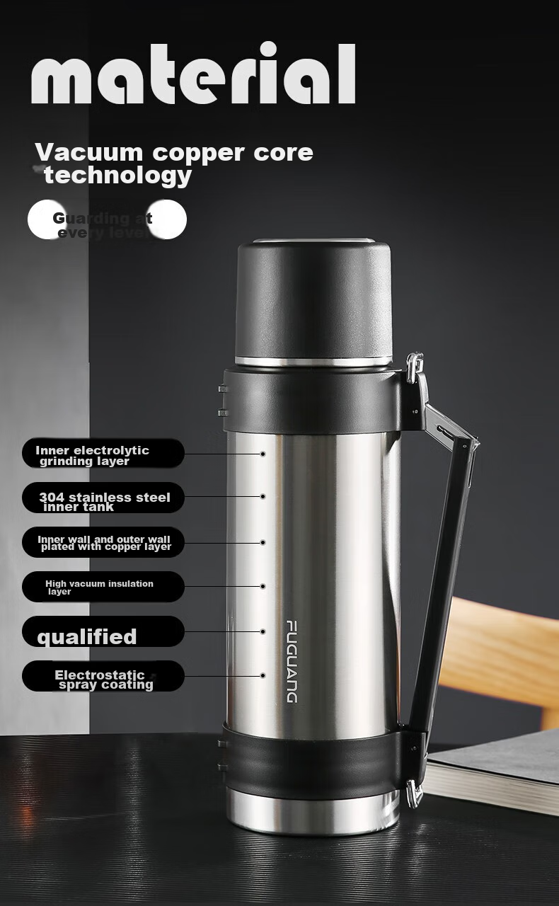 Fuguang Insulated Bottle, Stainless Steel Large Capacity Thermos, Car-Mounted Vacuum Outdoor Travel Kettle, Hot Water Bottle, Thermos Cup, 2000ML 6