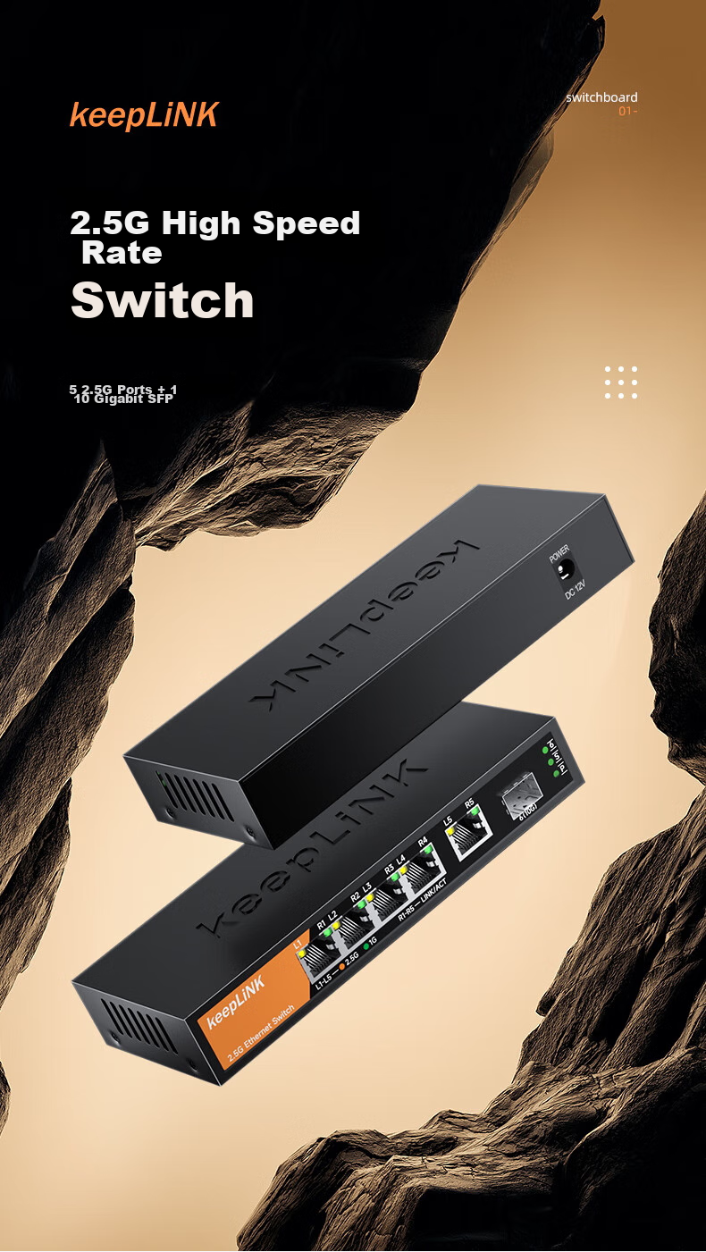 KeepLINK KP-9000 Switch, 5 Ports 2.5G + 1 Port 10G Optical Port, Network Hub Splitter, Supports Modem Stick NAS/Unit 1