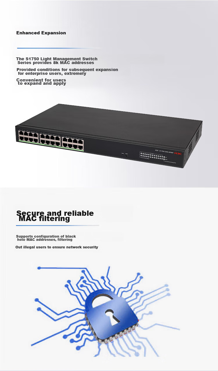 H3C S5024PV6-EI 24 Gigabit Ethernet Ports + 4 Fiber Optic Ports, Full Gigabit Layer 2 Managed Enterprise Network Switch, POE Power Supply 400W / Intelligent Stack / IPv6 3