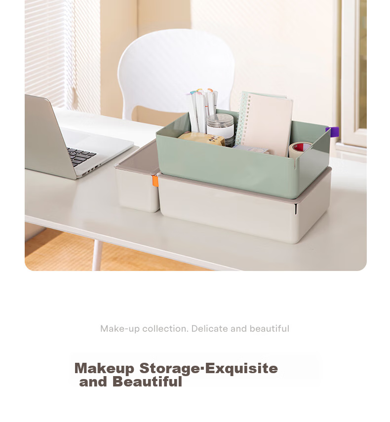 Deli Xdomo Series Storage Box with Lid, Office Desk Makeup Organizer with Silicone Clasp, Green Medium Size XDM12 10