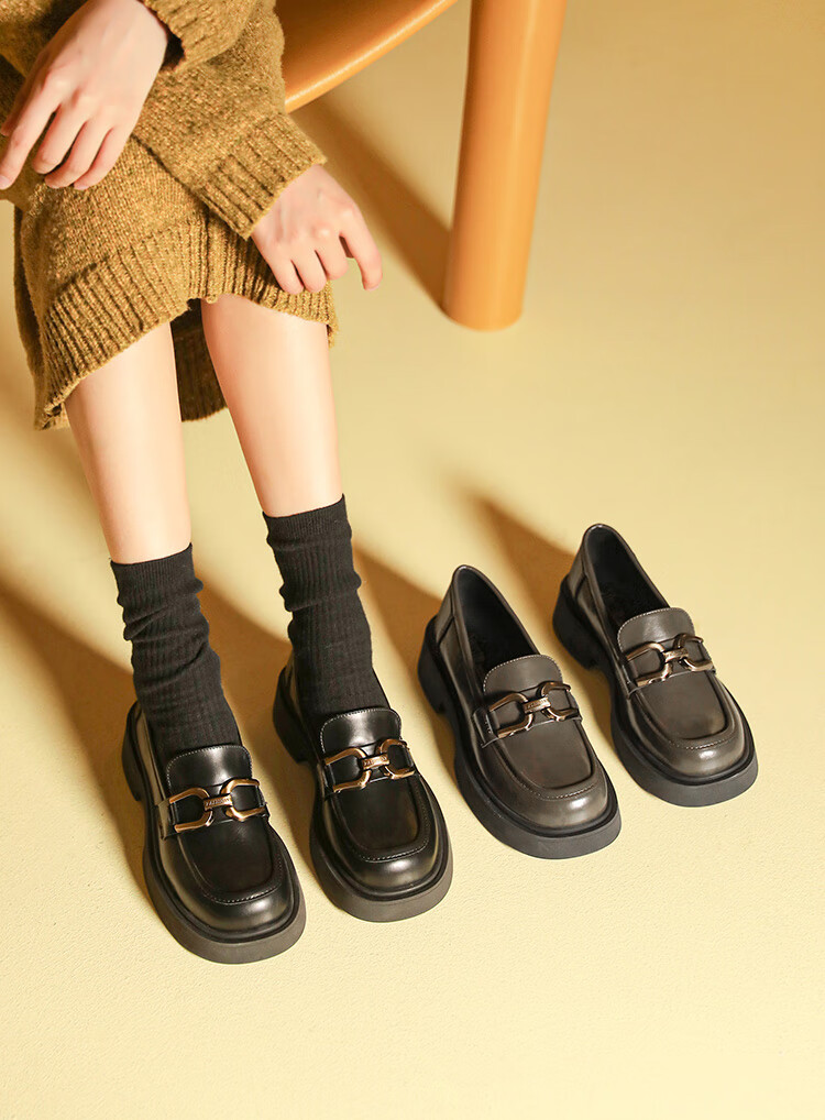 Dusto Round Toe Versatile Leather Shoes for Women, 2026 New Spring Slip-On Women's Shoes, Black Thick-Soled Heightening Loafers 15