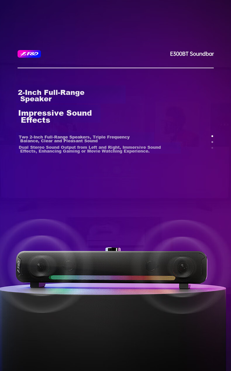 F&D E300BT Desktop PS5 Gaming Speakers, Bluetooth/Wired Dual-Use, Stereo Sound, RGB Colorful Lighting, Desktop And Laptop Long Bar Speaker 6