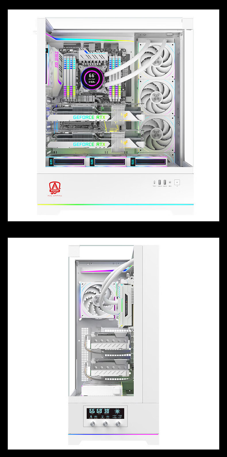AOC AICG860W White EATX Gaming Computer Case with Three-Sided Glass View, Quick-Release Design, 9-Slot Dual Graphics Card Support, 480mm Water Cooling Compatible, Functional Display Scree 15