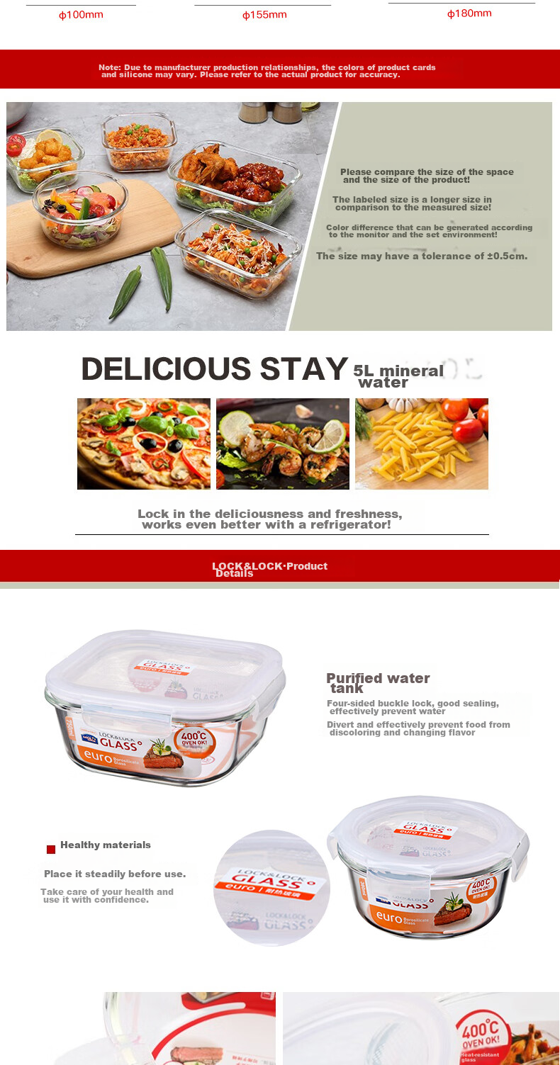 LOCK&LOCK Heat-Resistant Glass Food Storage Container, Large Capacity Lunch Box, Noodle Bowl, Sealed Bento Box, Meal Container, Refrigerator Storage Box, 950ML 5