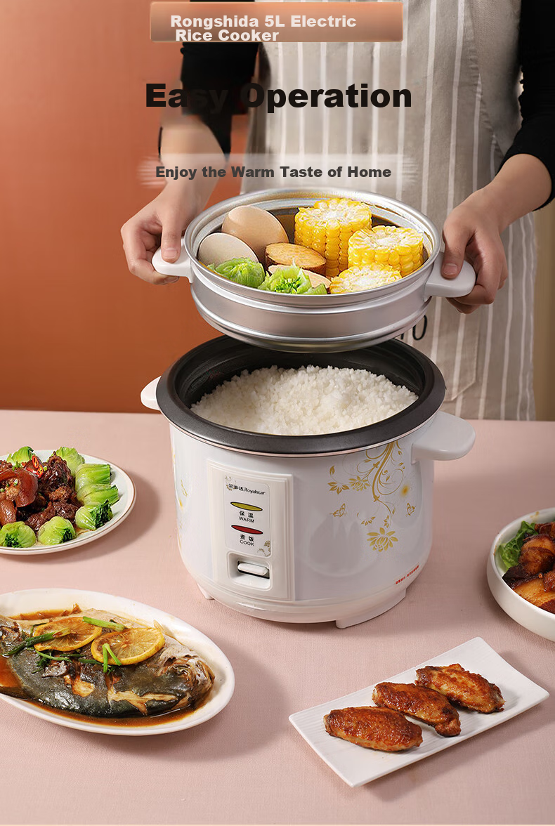 Royalstar Home Rice Cooker for 4-5 People, Traditional Old-Style Electric Rice Cooker with Straight Pot Design, One-Touch Operation, Firewood Rice, Automatic Heat Preservation, Simple to Use for Elderly, Includes Steamer Basket, 5 Liters RZ-50B 4