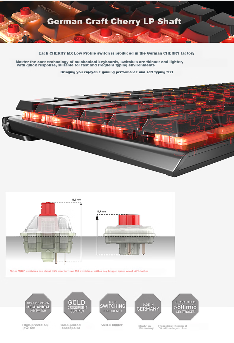 CHERRY MX10.0 Mechanical Keyboard, Wired Keyboard, Gaming Keyboard, RGB Lighting Effects, Ultra-Thin Body, Alloy Shell, Black, MX LP Switches 3