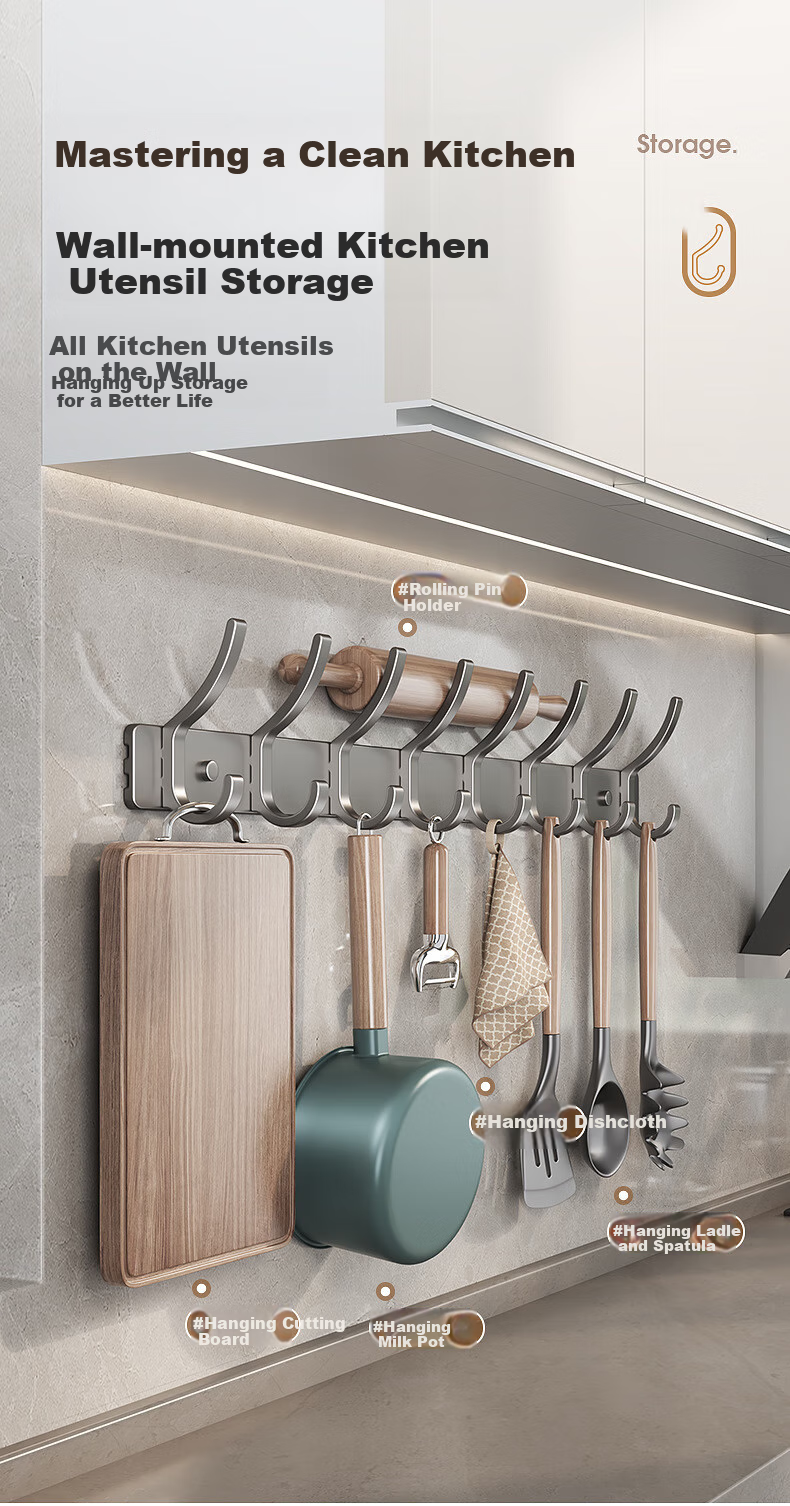 Shuranjia Coat Hooks, No Drilling Required Clothes Hanger, Door-Back Hooks, Traceless Garment Rack, Space Aluminum 6 Hooks, Gunmetal Gray 8