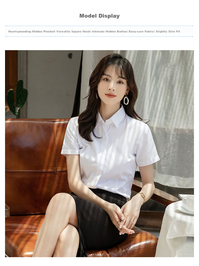 XUEXIMAN Short-Sleeve Shirt for Women, Work Uniform Blouse, Business Casual Slim-Fit Professional Wear, Summer Work Clothes, Square Collar, White 9