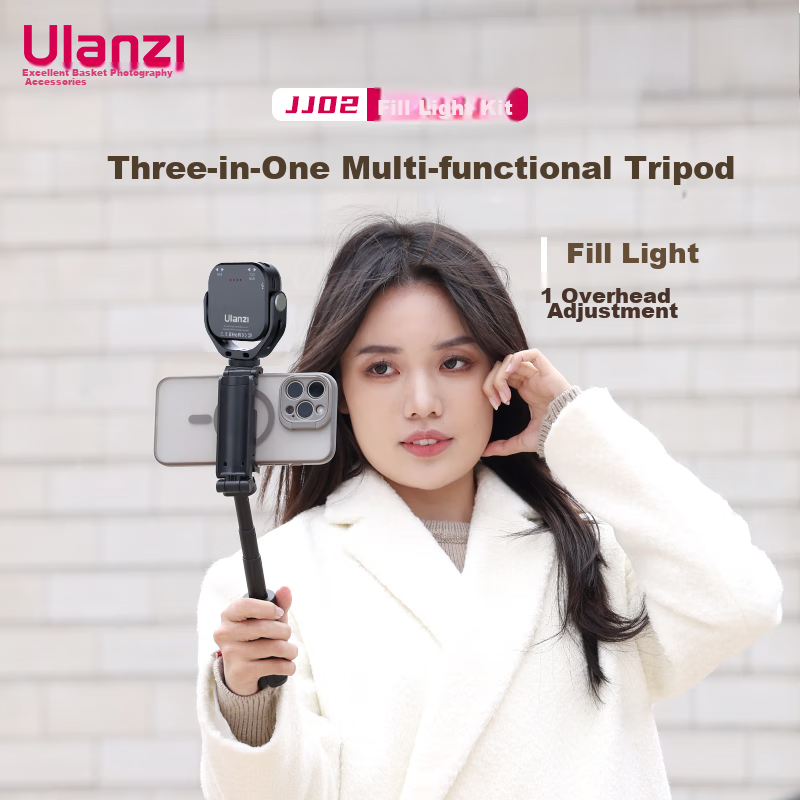 Youlanzi Ulanzi JJ02 Bluetooth Selfie Stick for Smartphone (With Fill Light Kit), Extendable Tripod Handle, Desktop Stand, Rotating Phone Clamp