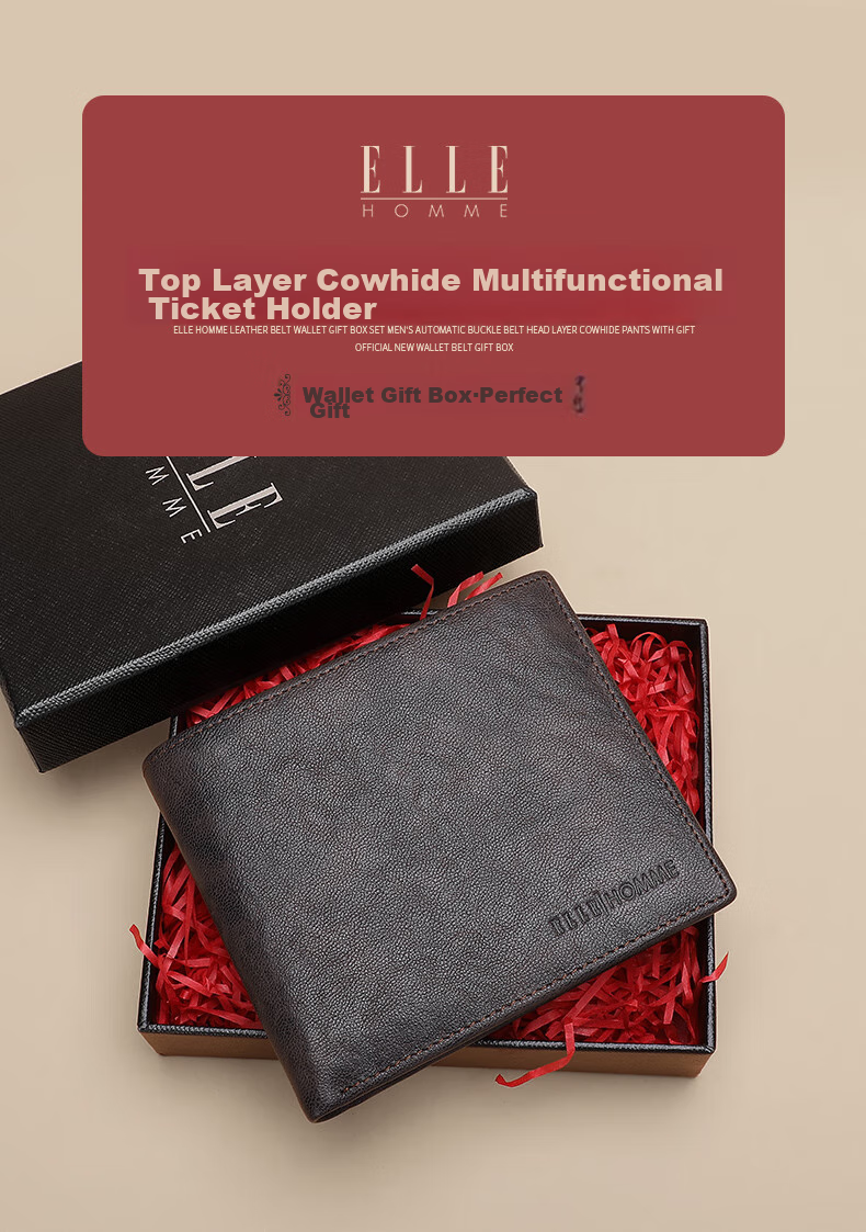 ELLE HOMME Men's Short Wallet, Top-Grain Leather Multifunctional Billfold, Two-Fold Money Clip 3720 Black, Birthday Gift for Me 1
