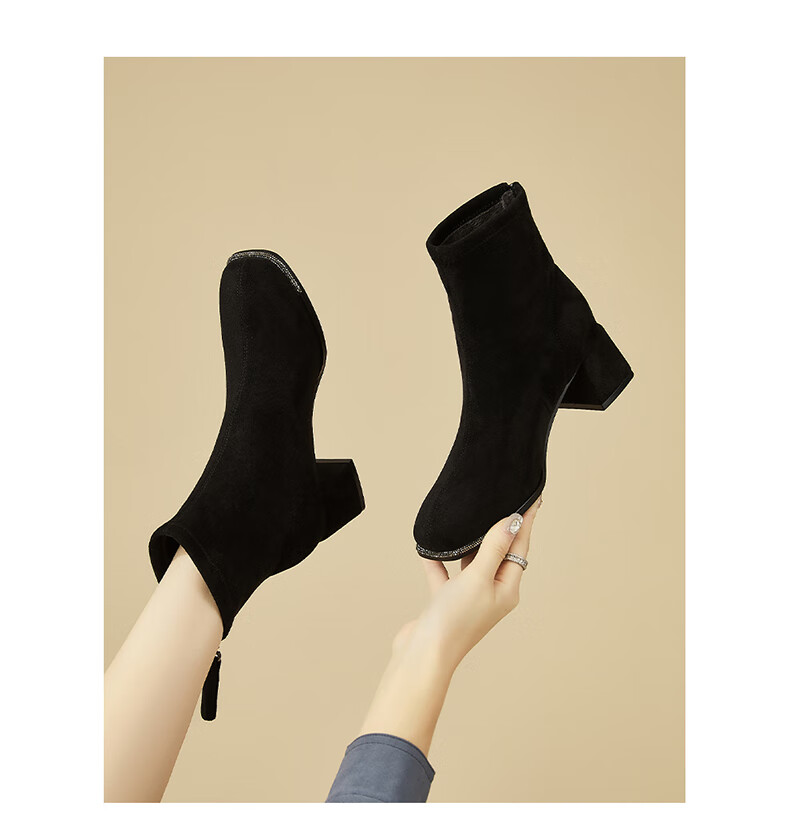 DAPHNE Suede Ankle Boots Women Chunky Mid Heels Slim Winter Fleece French Style Versatile Khaki Fleece Lined Boots Size 37 9