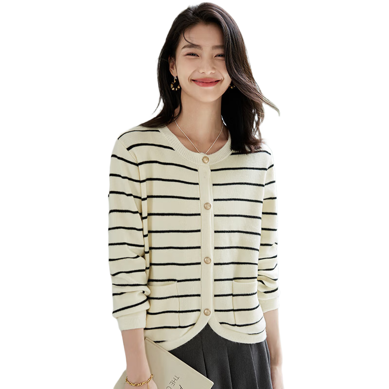 Chushen Spring And Autumn Knitted Cardigan for Women, Versatile Round Neck Fashionable Striped Curved Hem Sweater Jacket Top S143Z1032