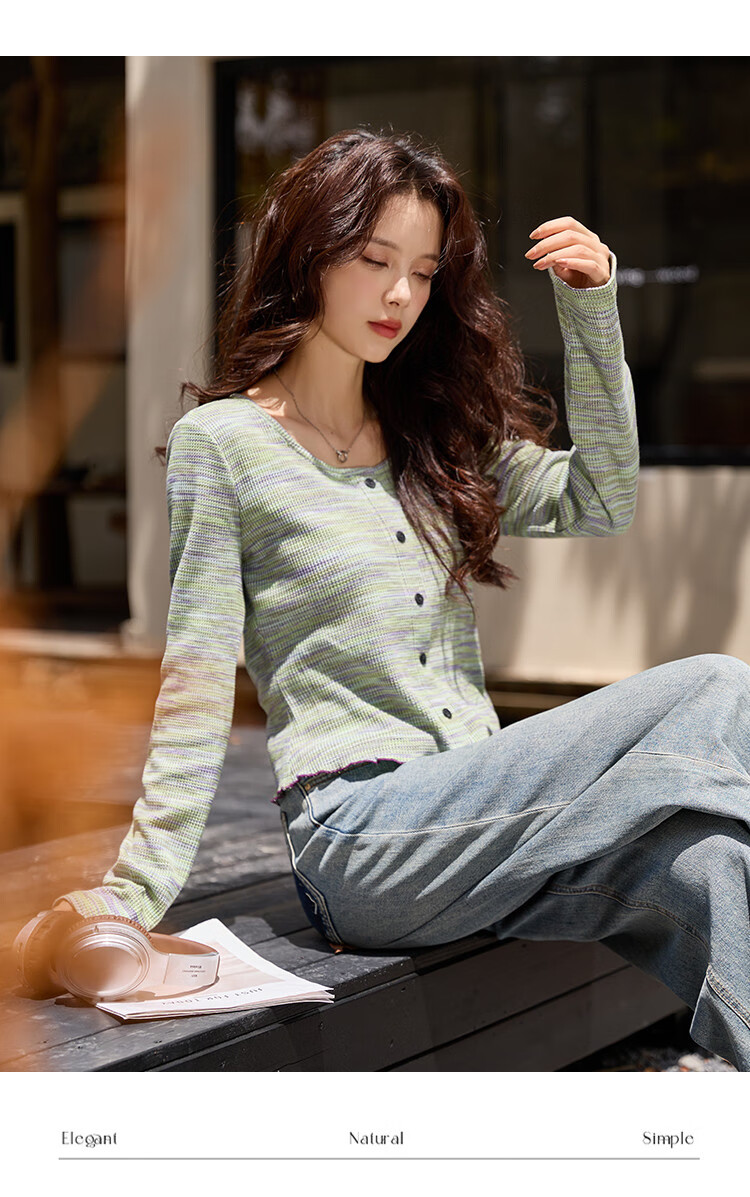 Dme Autumn Artistic Gradient Vintage Round Neck Ruffled Edge Elegant Women's T-Shirt with Moisturizing Cloud Cotton 5
