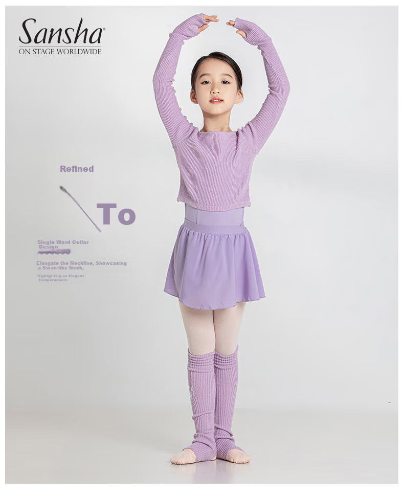 Sansha Children's Dance Practice Leotard, Long-Sleeve Ballet Knit Top Performance Costume, Light Purple, L-XL 1