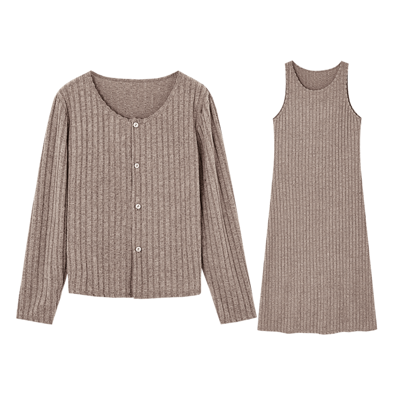 DME "Good Girl" Spring and Autumn New Lazy Matching Set A-line Dress Knitted Cardigan Two-piece Set Women's Fashion