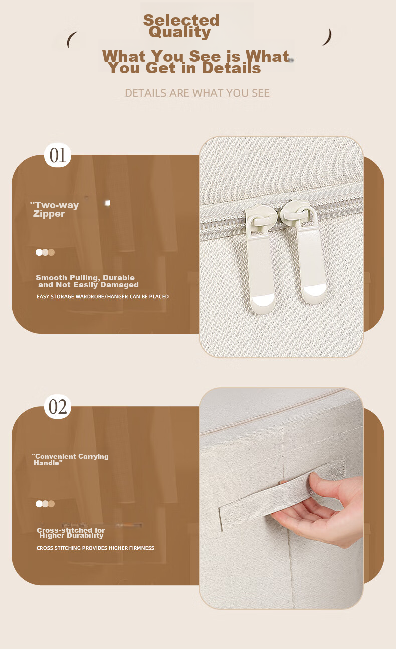 Bangnimeijia Tianshan Cotton And Linen Antibacterial Clothing Storage Box, Foldable Wardrobe Organizer for Clothes And Quilts, Cream Color, 66L 13