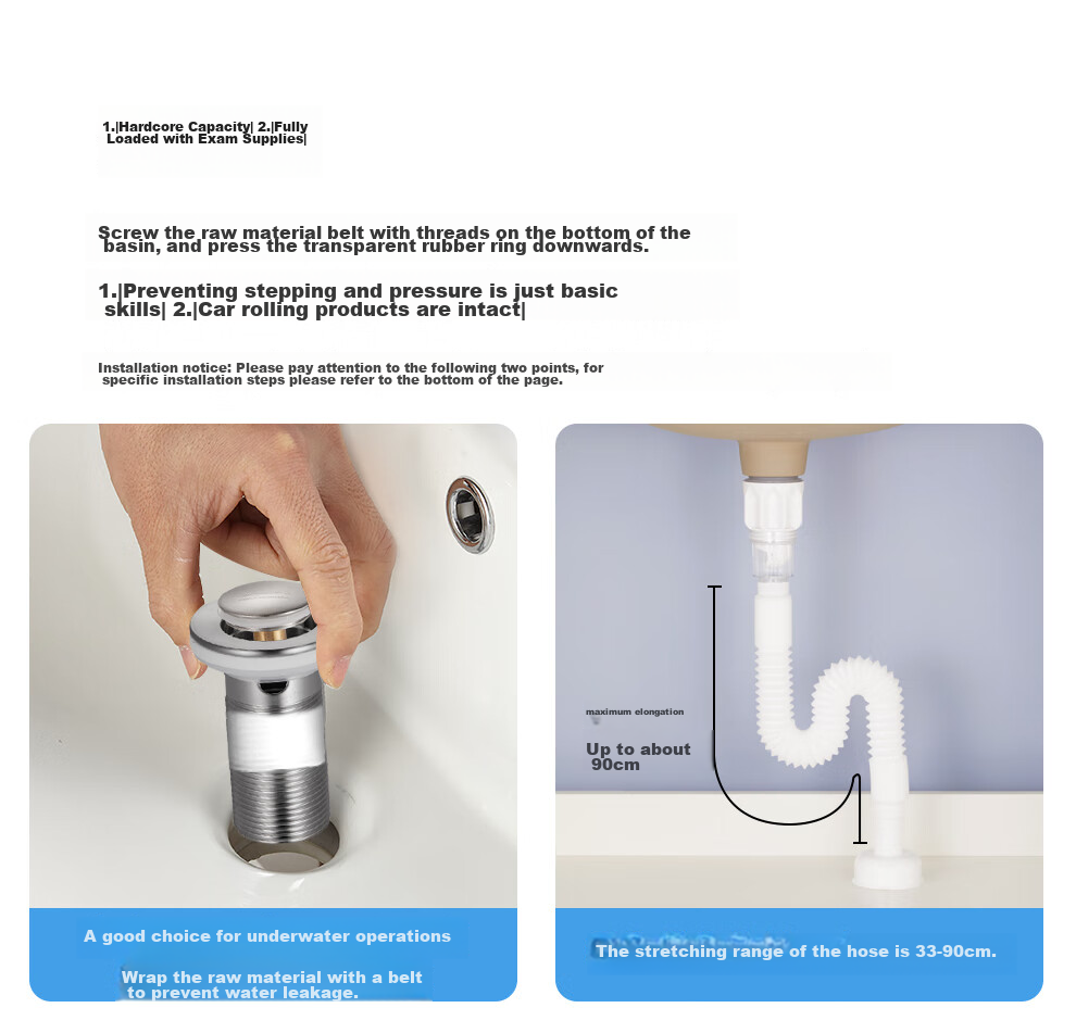 Submarine SQ-22 Sink Flap Drain, Washbasin Drain Pipe, Drainage Kit with Anti-Odor Plug, Odor Prevention, And Overflow Hole 2