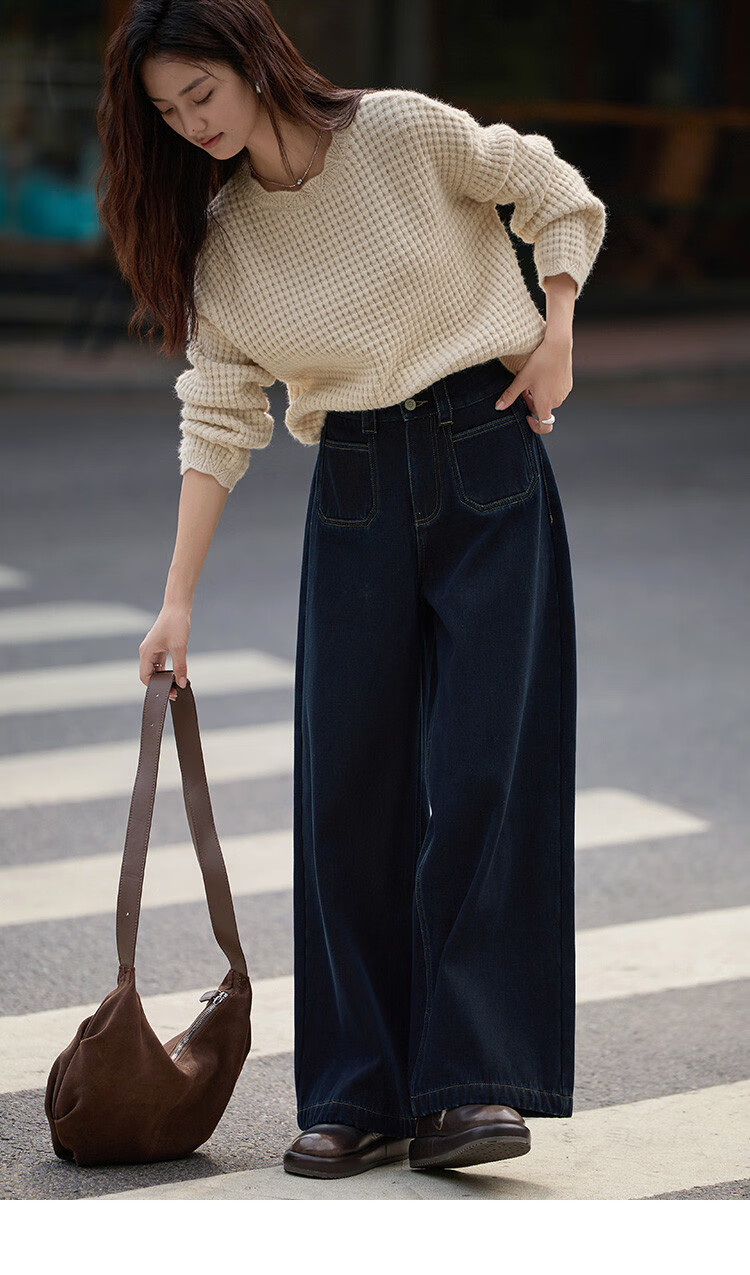 Dme Simple Blue Straight-Leg Pants Winter Style Double-Buckle Wide-Leg Design Fleece-Lined Jeans for Wome 11