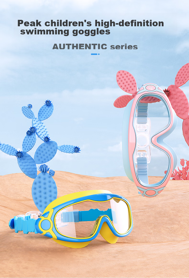 Peak One-Piece Earplug Kids Swimming Goggles Unisex Large Frame HD Anti-Fog Waterproof Transparent Blue 1