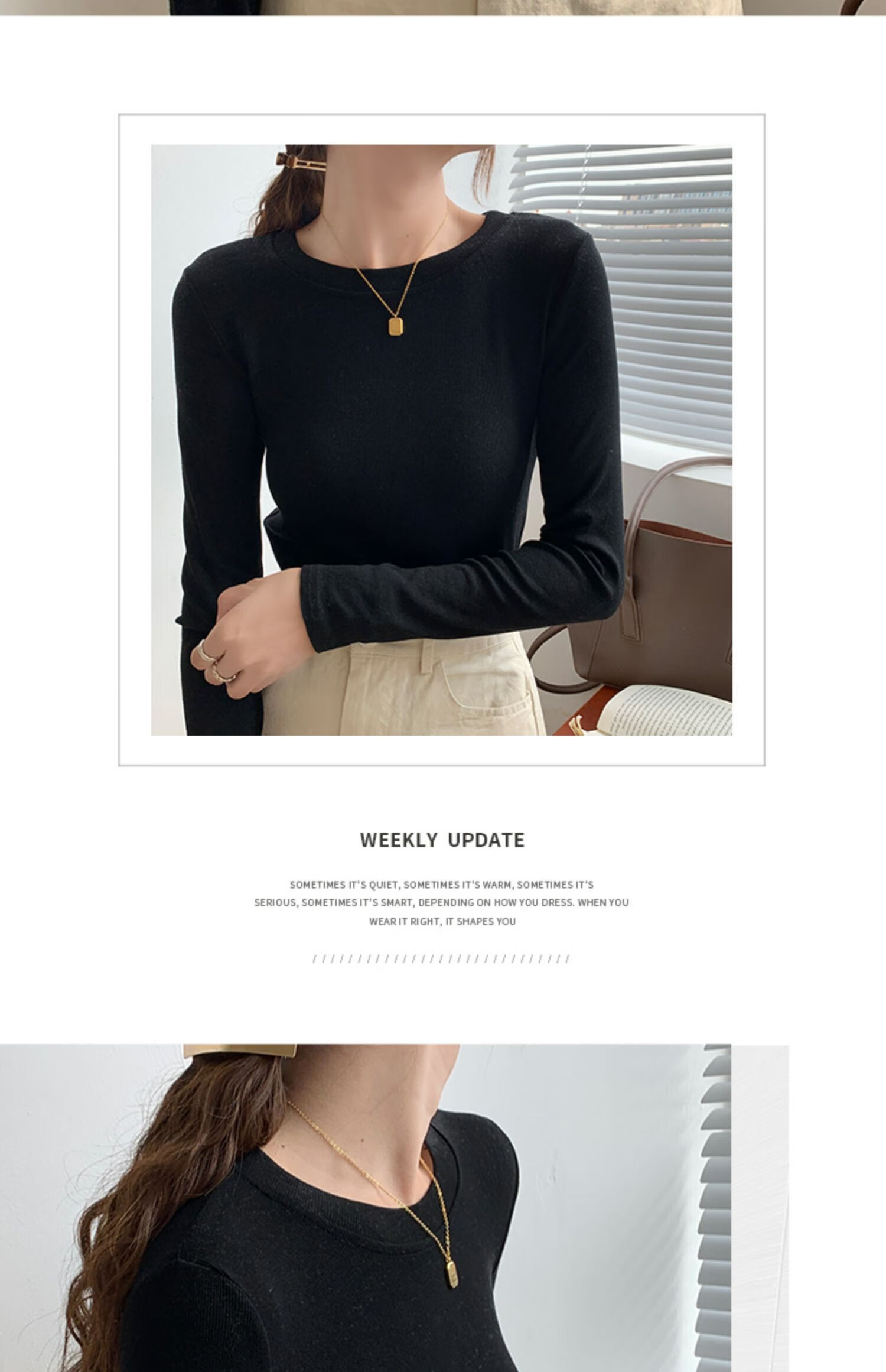 YUZHAOLIN Women's Base Layer Top for Spring And Autumn, Thin Undershirt, Round Neck Ribbed Black And White Long-Sleeve T-Shirt for Fall And Winter 9