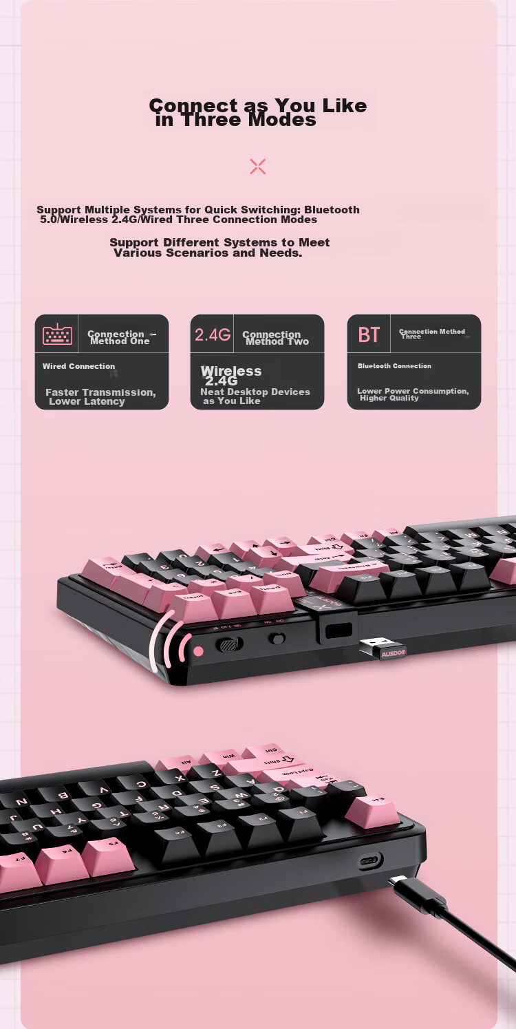 AUSDOM 98Pro Silent Wireless Mechanical Keyboard, Gaming And Office Use, Three-Mode Bluetooth Wired Customizable Keyboard, Low Latency Full Anti-Ghosting Gasket Structure, 98 Keys - Black And White 9