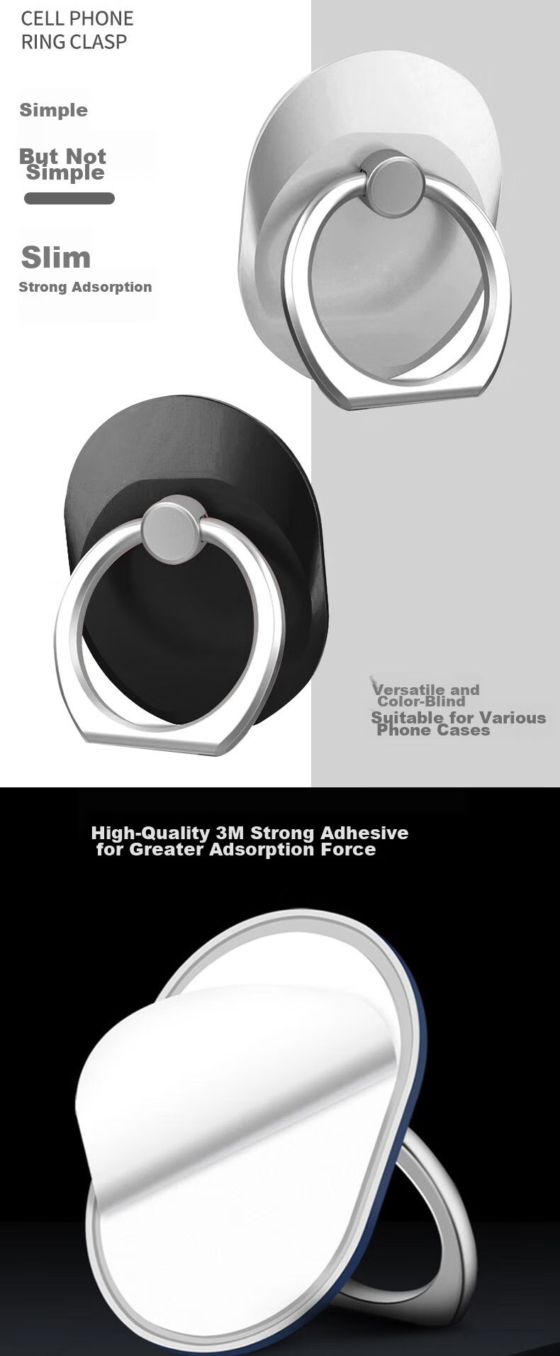 MAIKUQI Phone Ring Holder Stand, Desktop Live Streaming Ultra-Thin Ring Support, Back Support Lazy Phone Holder, Compatible with Apple Huawei Xiaomi, Black + Silver 2 Pieces 1